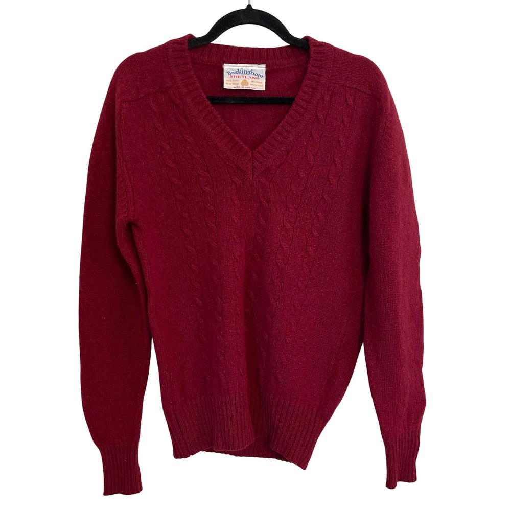 Buckingham Shetland Wool V-Neck Cable Knit Sweater Red Made in England 38/97cm